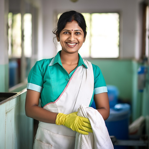 Friendly smiling beautiful indian woman beauty and personal care housekeeping at work on blured background