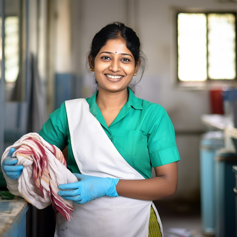 Friendly smiling beautiful indian woman beauty and personal care housekeeping at work on blured background