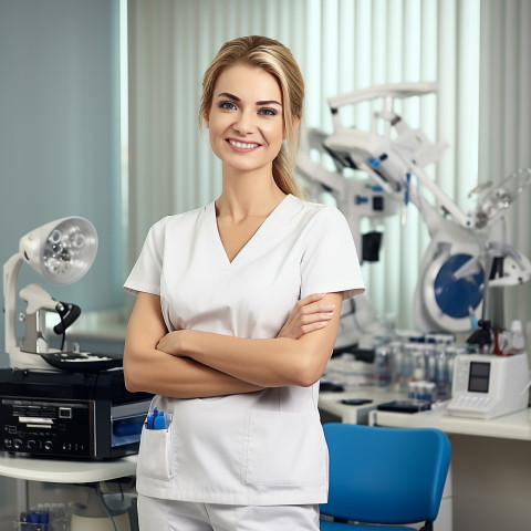 Friendly smiling beautiful woman beauty and personal care nail technician at work on blured background