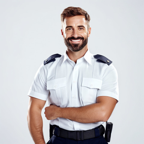 Handsome smiling security guard grooming on white background