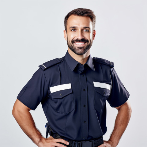 Handsome smiling security guard grooming on white background