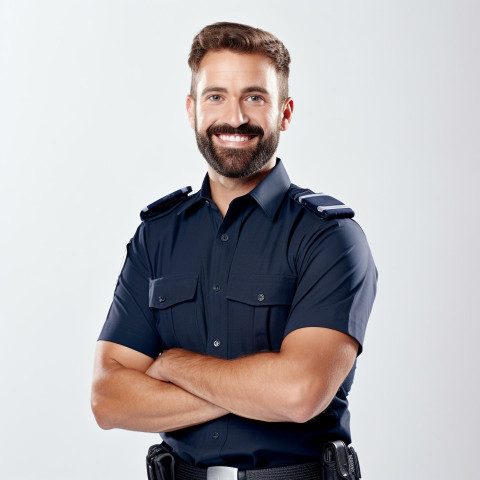 Handsome smiling security guard grooming on white background