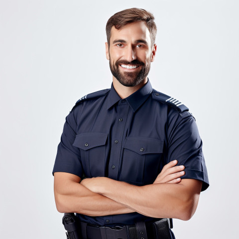 Handsome smiling security guard grooming on white background