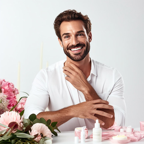 Smiling handsome esthetician provides grooming and personal care services on white background