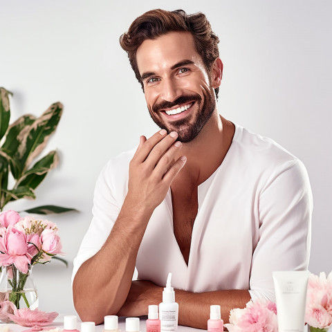 Smiling handsome esthetician provides grooming and personal care services on white background