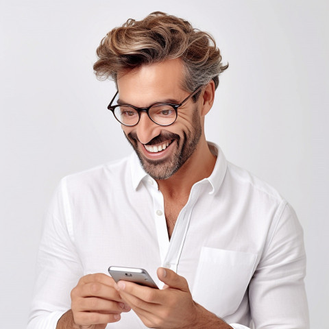 Handsome grooming and personal care marketing manager smiles brightly while working on a white background