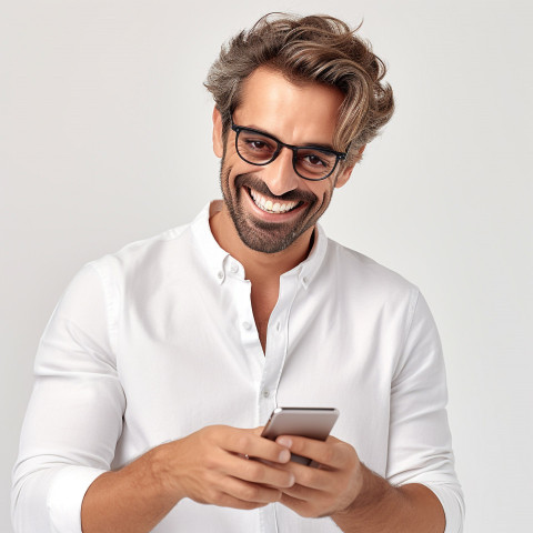 Handsome grooming and personal care marketing manager smiles brightly while working on a white background