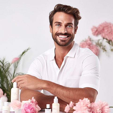 Smiling handsome esthetician provides grooming and personal care services on white background