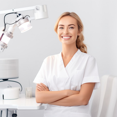 Beauty esthetician at work on blurred background smiling kindly