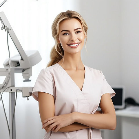 Beauty esthetician at work on blurred background smiling kindly