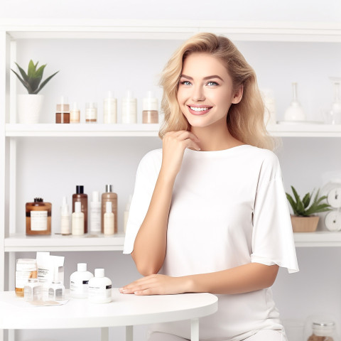 Beauty esthetician at work on blurred background smiling kindly