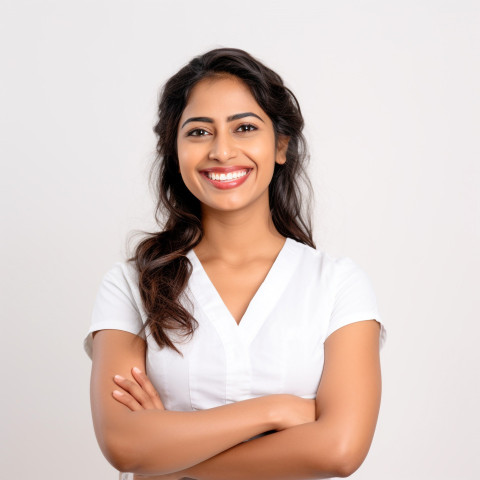 Friendly smiling beautiful indian woman beauty and personal care massage therapist at work on white background