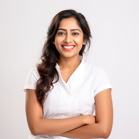 Friendly smiling beautiful indian woman beauty and personal care massage therapist at work on white background