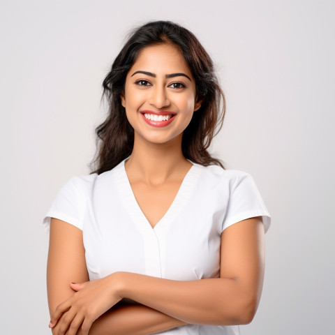 Friendly smiling beautiful indian woman beauty and personal care massage therapist at work on white background