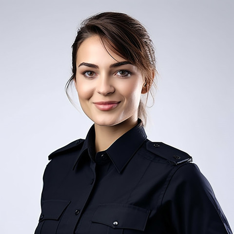 Smiling beautiful woman beauty and personal care security personnel at work on white background