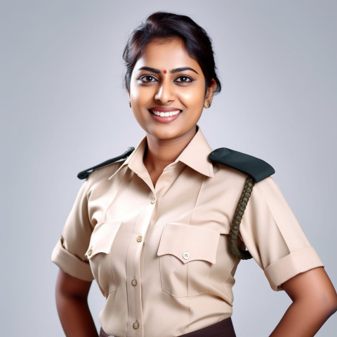 Friendly smiling beautiful indian woman beauty and personal care security personnel at work on white background