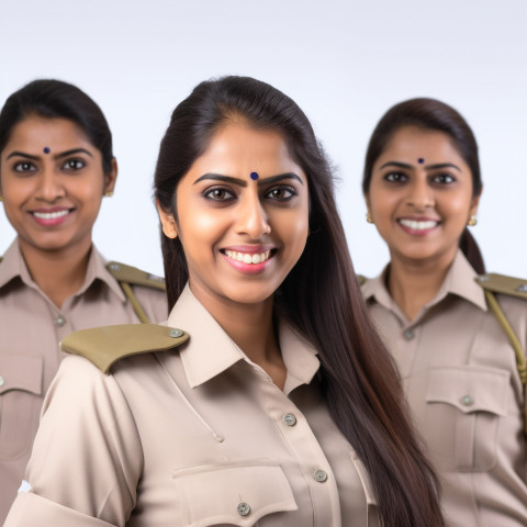 Friendly smiling beautiful indian woman beauty and personal care security personnel at work on white background