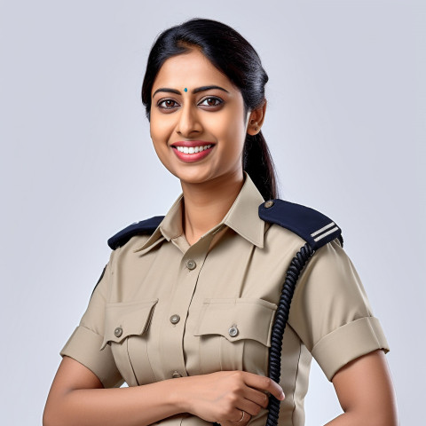 Friendly smiling beautiful indian woman beauty and personal care security personnel at work on white background