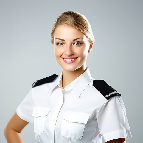 Smiling beautiful woman beauty and personal care security personnel at work on white background