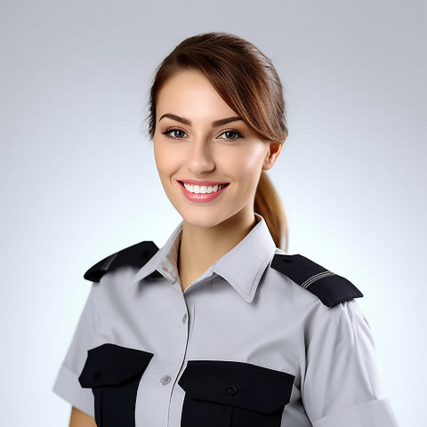 Smiling beautiful woman beauty and personal care security personnel at work on white background