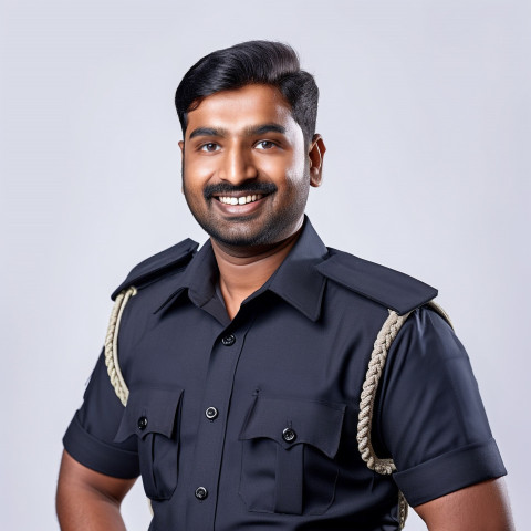 Friendly smiling handsome indian man grooming and personal care security personnel at work on white background