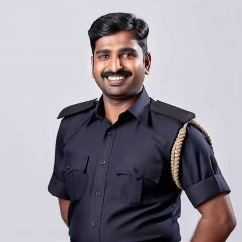 Friendly smiling handsome indian man grooming and personal care security personnel at work on white background