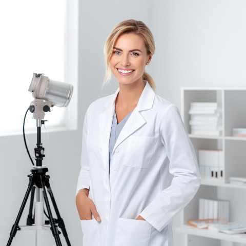 Friendly smiling beautiful woman beauty and personal care educator at work on white background