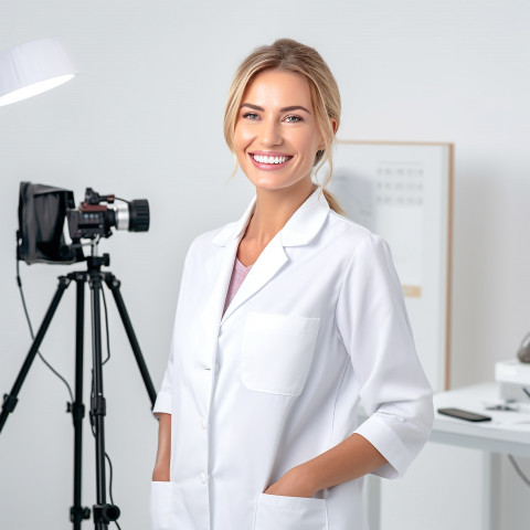 Friendly smiling beautiful woman beauty and personal care educator at work on white background