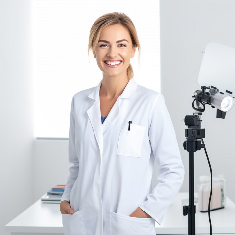 Friendly smiling beautiful woman beauty and personal care educator at work on white background