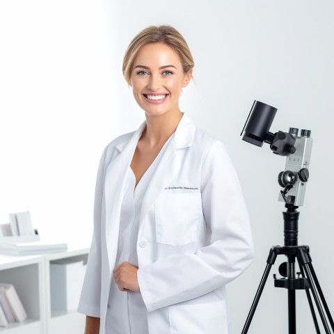 Friendly smiling beautiful woman beauty and personal care educator at work on white background