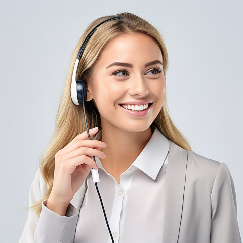 Friendly smiling beautiful woman beauty and personal care customer service representative at work on white background