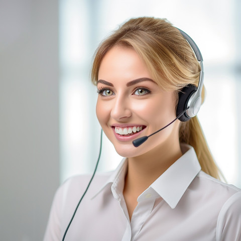 Friendly smiling beautiful woman beauty and personal care customer service representative at work on white background