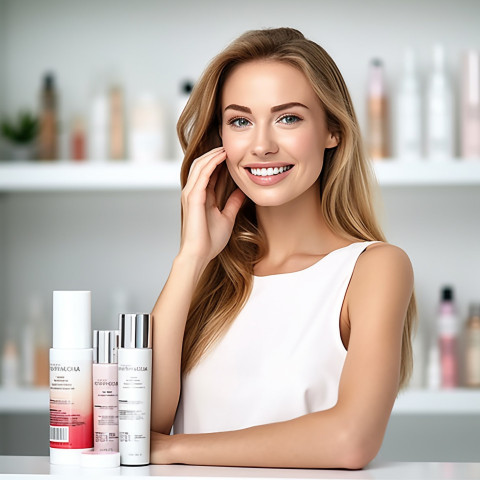 Friendly smiling beautiful woman beauty and personal care product sales representative at work on white background