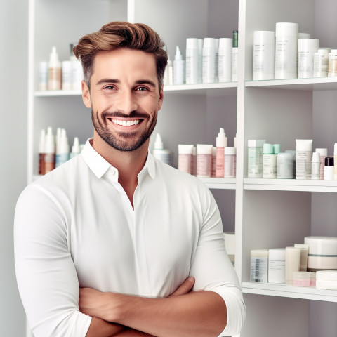 Smiling handsome man grooming and personal care inventory manager at work on white background