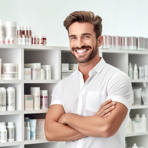 Smiling handsome man grooming and personal care inventory manager at work on white background