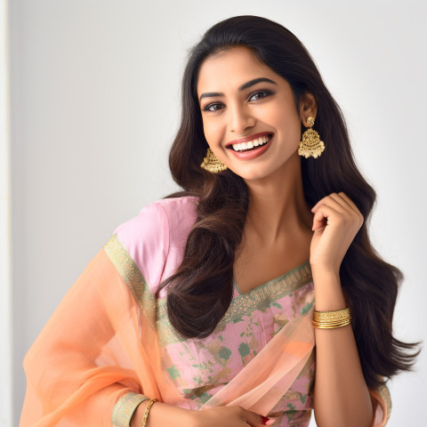 Friendly smiling beautiful indian woman beauty and personal care makeup artist at work on white background