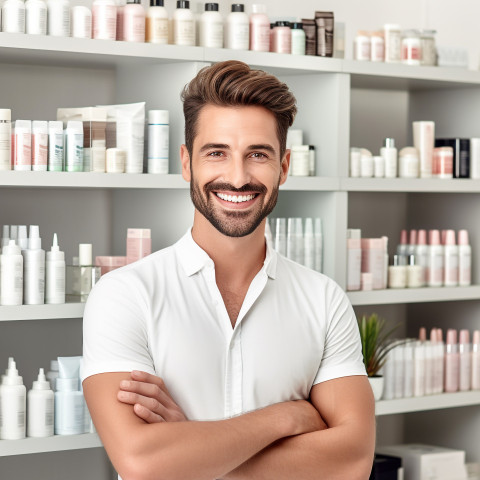 Smiling handsome man grooming and personal care inventory manager at work on white background