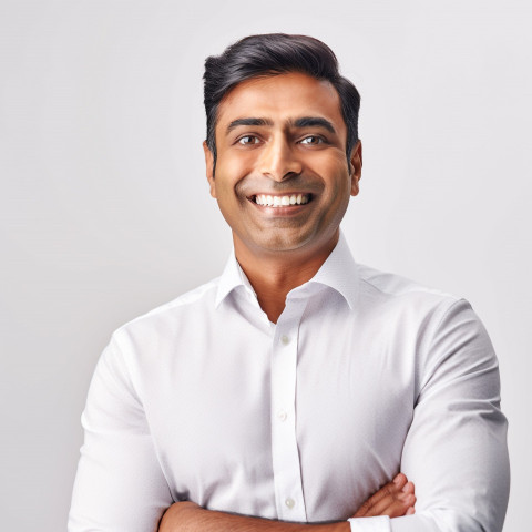 Friendly smiling handsome indian man grooming and personal care accountant at work on white background