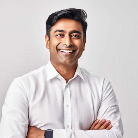 Friendly smiling handsome indian man grooming and personal care accountant at work on white background