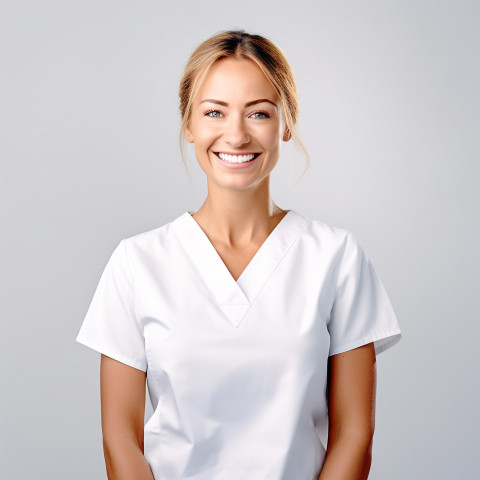 Friendly smiling beautiful woman beauty and personal care trainer at work on white background