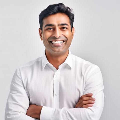 Friendly smiling handsome indian man grooming and personal care accountant at work on white background