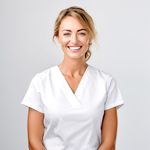 Friendly smiling beautiful woman beauty and personal care trainer at work on white background