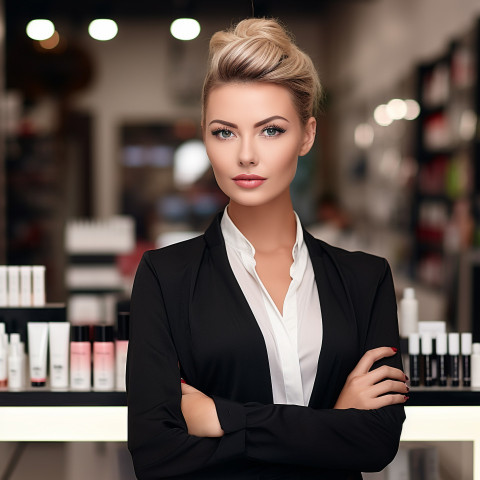 Confident beautiful woman beauty and personal care salon manager at work on blured background