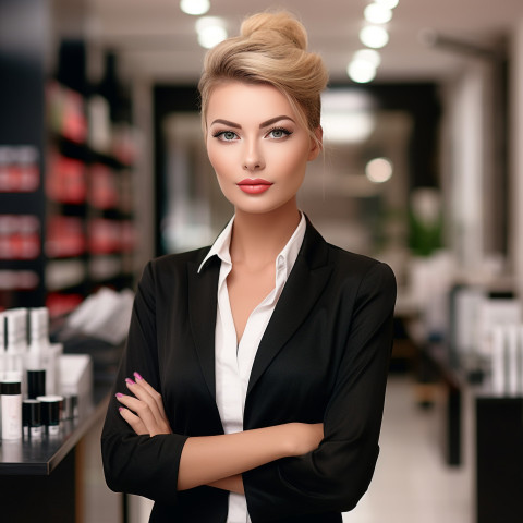 Confident beautiful woman beauty and personal care salon manager at work on blured background