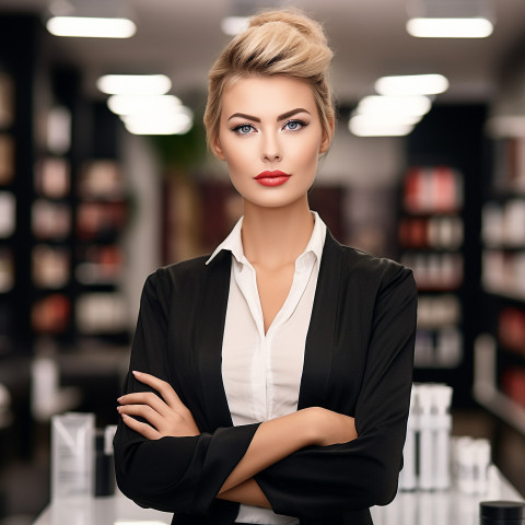 Confident beautiful woman beauty and personal care salon manager at work on blured background