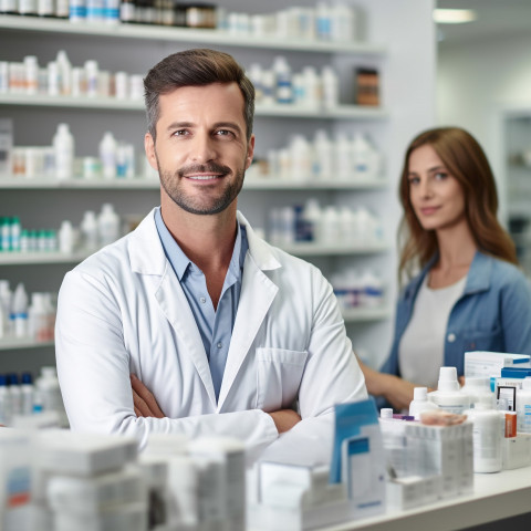 Confident handsome man grooming and personal care receptionist at work on blured background