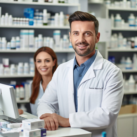 Confident handsome man grooming and personal care receptionist at work on blured background