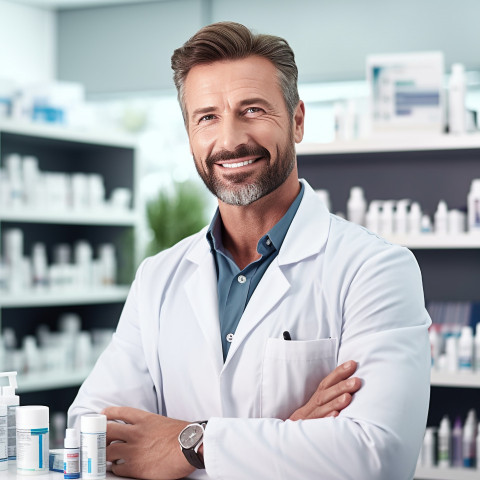 Confident handsome man grooming and personal care educator at work on blured background