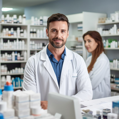 Confident handsome man grooming and personal care receptionist at work on blured background