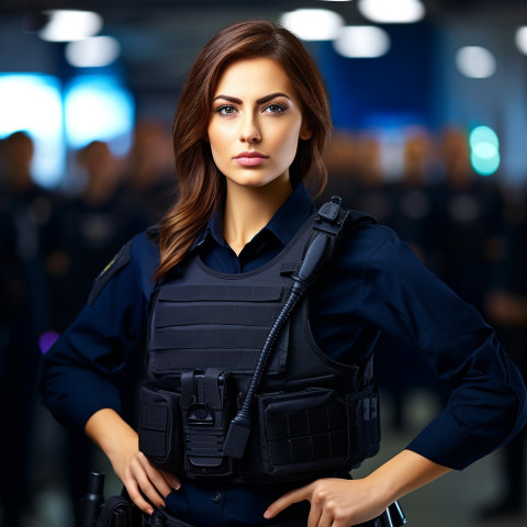 Confident beautiful woman beauty and personal care security personnel at work on blured background